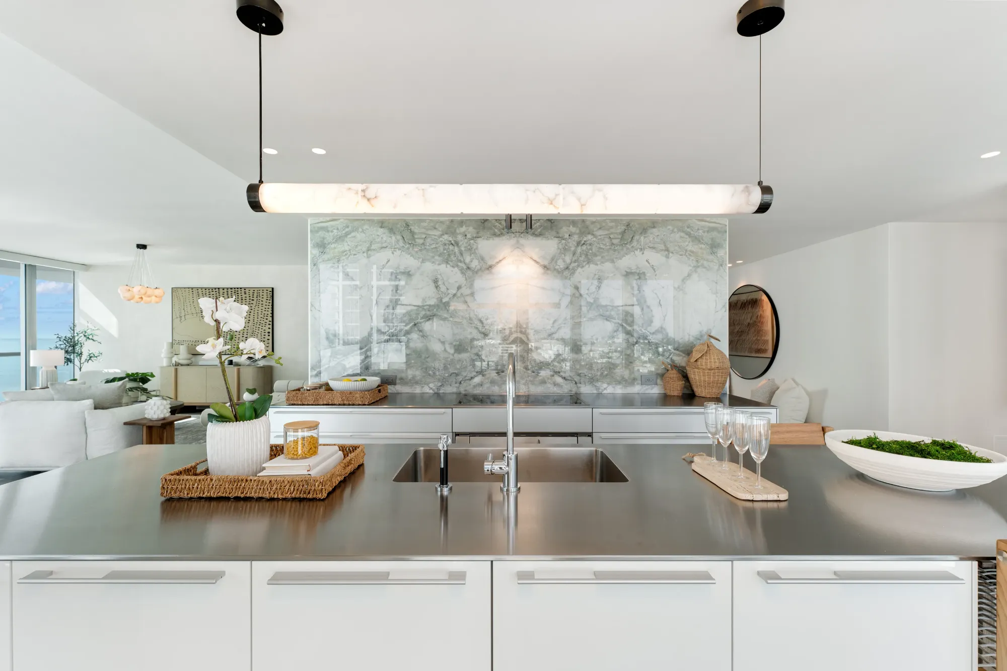 Detail of the kitchen island and pendant lighting