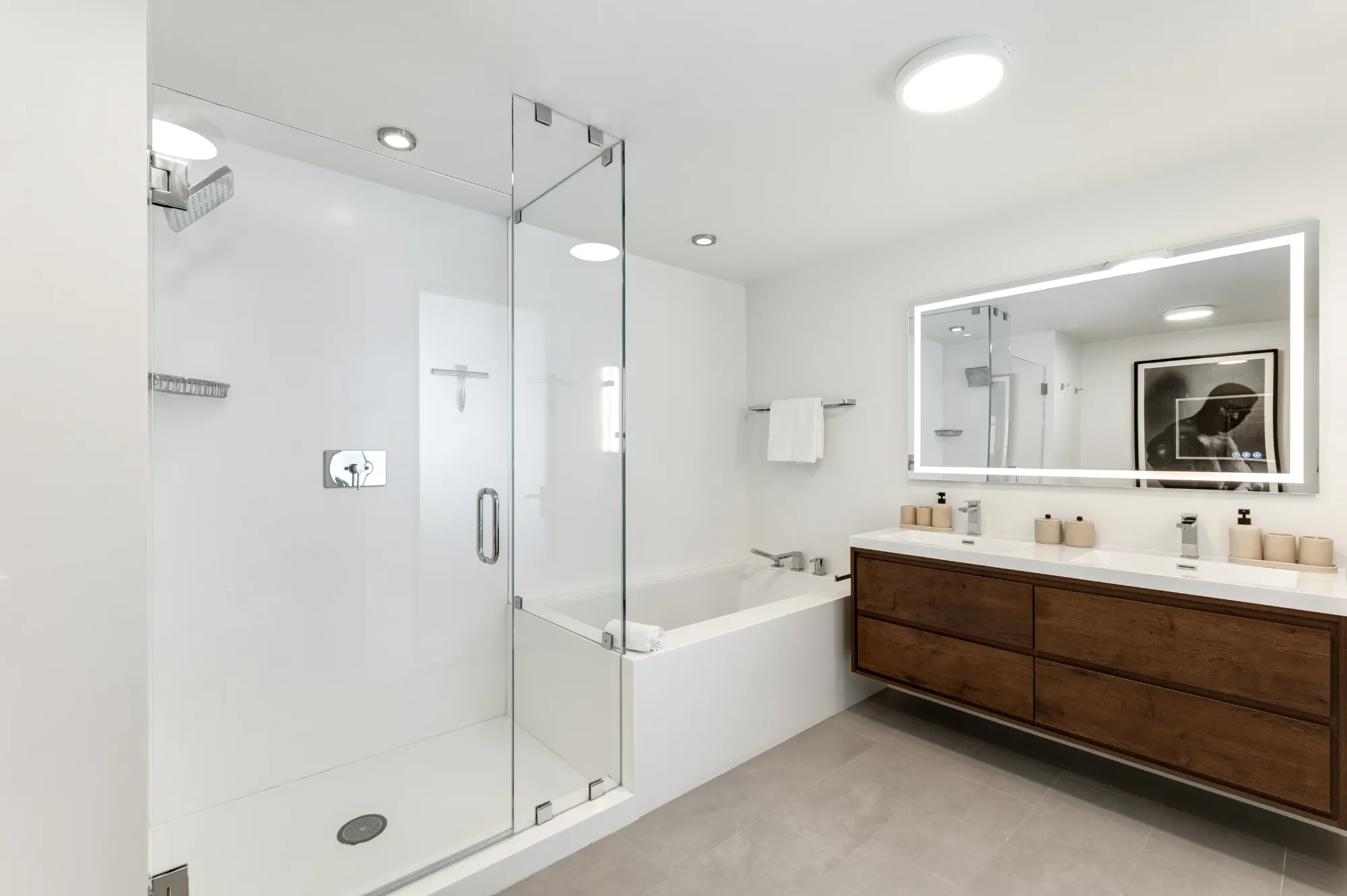 Primary bath with rain shower, soaking tub and double vanity