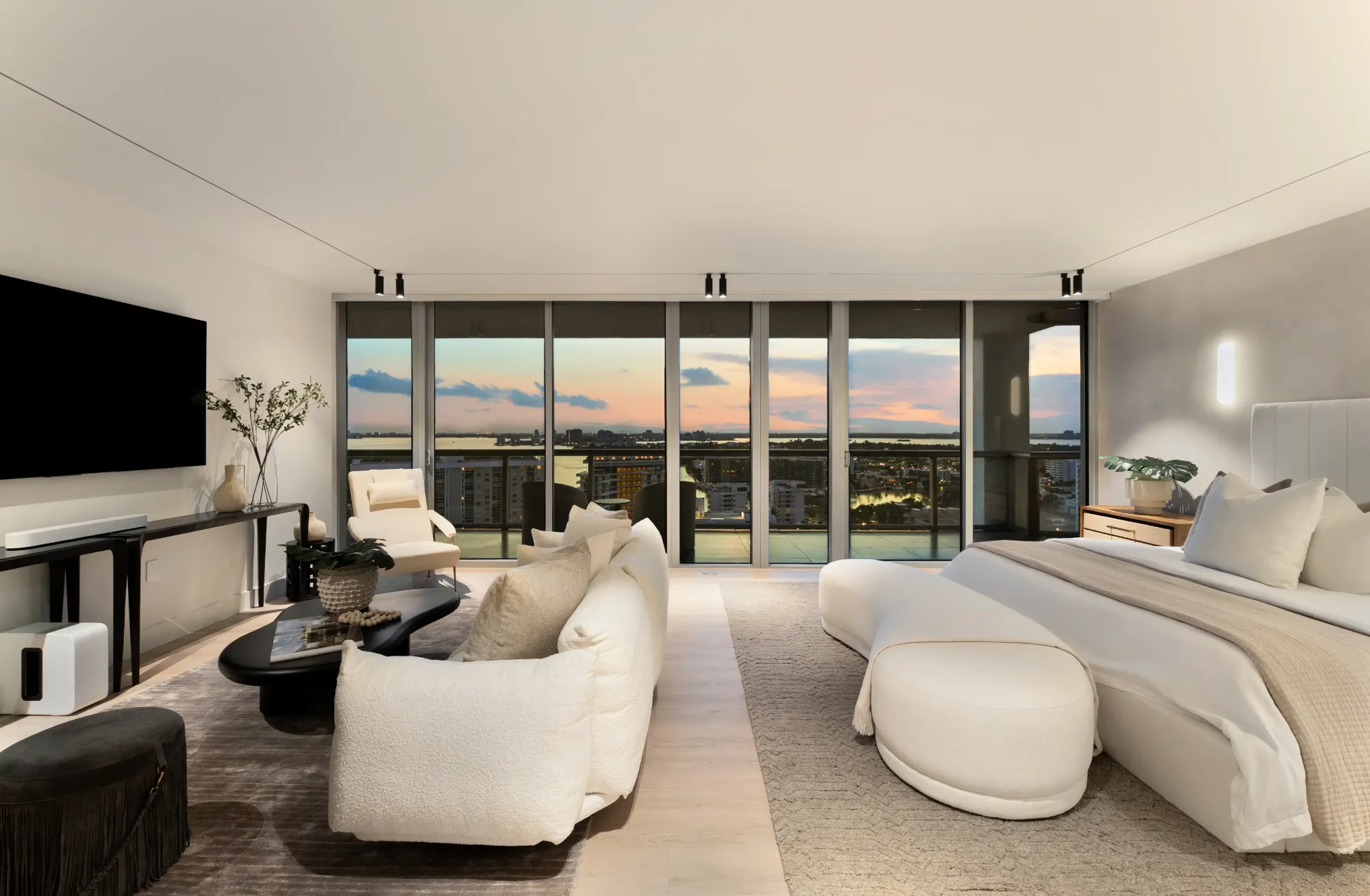 Living room lit at twilight